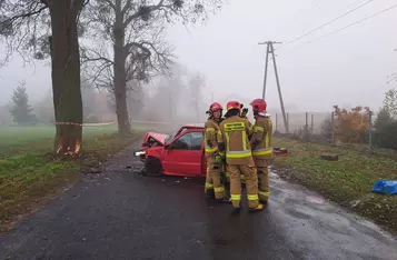 Pod Chełmnem volkswagen polo czołowo uderzył w drzewo/ Fot. KP PSP Chełmno 