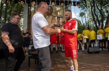 Mecz piłkarski Reprezentacji Polski Bezdomnych z zespołem dziennikarzy Kujaw i Pomorza/ Fot. Mikołaj Kuras/UMWKP