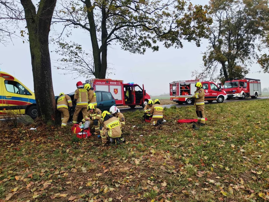 W Bągarcie kobieta kierująca fordem fiestą czołowo uderzyła w drzewo/ Fot. OSP Unisław